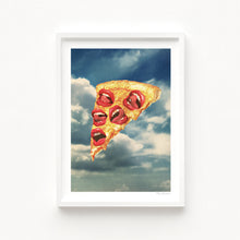 Charger l'image dans la galerie, A surreal pizza slice with open red lips instead of toppings floats in a cloudy sky — bold, surrealist food-inspired art with a pop culture twist.