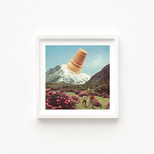 Load image into Gallery viewer, Surreal wall art print showing a vanilla ice cream cone melting over a snow-covered mountain peak with two hikers admiring the view and pink flowers in the foreground.