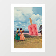 Cargar imagen en el visor de la galería, Two retro-dressed women viewing a massive strawberry popsicle emerging from a pink landscape under a cloudy sky – surreal and whimsical art scene.