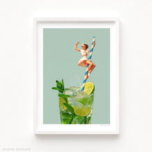 Load image into Gallery viewer, This cheeky retro art print, “Retro Mojito Cocktail,” combines pin-up glamour with cocktail culture. Featuring a vintage model playfully posed on a striped straw in a refreshing mojito, it’s bursting with greens, limes, and fizzy freshness. The artwork blends 1950s nostalgia with modern brunch vibes, making it a perfect wall decor piece for kitchens, bars, and summer party spaces. Ideal for gifting to cocktail enthusiasts and retro pin-up lovers.