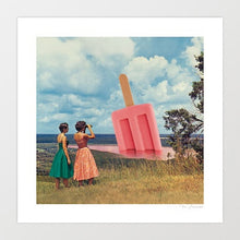 Cargar imagen en el visor de la galería, A surreal and whimsical artwork titled "A View to Chill - Popsicle Panorama" by Vertigo Artography, featuring a giant pink popsicle in a serene landscape viewed by two elegantly dressed women. Perfect for modern, contemporary, and pop art enthusiasts.