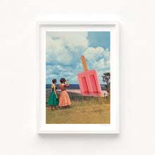 Cargar imagen en el visor de la galería, Two retro-dressed women viewing a massive strawberry popsicle emerging from a pink landscape under a cloudy sky – surreal and whimsical art scene.