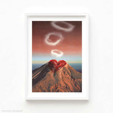 Charger l'image dans la galerie, Surreal collage art print titled “Rings of Passion” featuring a volcano with red lips and smoke rings, in a dreamy romantic sky digital artwork by Vertigo Artography.