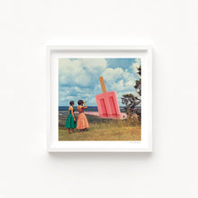 Cargar imagen en el visor de la galería, ATwo retro-dressed women viewing a massive strawberry popsicle emerging from a pink landscape under a cloudy sky – surreal and whimsical art scene.