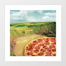 Charger l'image dans la galerie, A surreal art print of a pepperoni pizza seamlessly blending into a coastal bay landscape with rolling green cliffs and a sandy shore. Coastal Art
