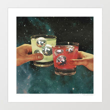 Cargar imagen en el visor de la galería, Two hands clinking colorful drinks with floating disco balls, set against a dreamy cosmic galaxy background – surreal and retro-inspired artwork.