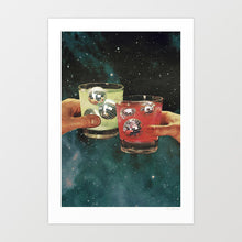 Cargar imagen en el visor de la galería, Two hands clinking colorful drinks with floating disco balls, set against a dreamy cosmic galaxy background – surreal and retro-inspired artwork.