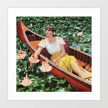 Cargar imagen en el visor de la galería, Fingers for Lily’ by Vertigo Artography - Surreal artwork featuring a woman in a canoe amidst a sea of lilies, with lilies replaced by hands making a provocative gesture. Perfect for modern interiors and art collectors seeking unique and thought-provoking pieces. Add a conversation-starting piece to your collection today and experience the charm of Vertigo Artography. Purchase ‘Fingers for Lily’ for a truly unique addition to your home.
