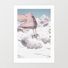 Cargar imagen en el visor de la galería, Surreal artwork titled "Doris Whisker II" by Vertigo Artography. Features a hand mixer blending with a snowy mountain landscape, offering a whimsical and imaginative visual experience. Ideal for modern art collections, this piece adds humor and creativity to any space. Set in the French Alps or Swiss Mountains in winter