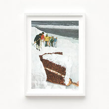 Load image into Gallery viewer, Glacier Calving Cake is a retro kitsch artwork featuring hikers trekking across a glacier that doubles as a giant frosted chocolate cake. Perfect for kitchens, bakeries, or cafes, this surreal wall art combines humor, food, and landscape into one unique poster. A great gift for cake lovers, bakers, and fans of vintage-style quirky decor, it brings charm, conversation, and nostalgic fun to interiors. Ideal for playful home decor or retro poster collectors.
