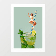 Load image into Gallery viewer, “Retro Mojito Cocktail” is a vibrant vintage-inspired artwork featuring a glamorous 1950s pin-up girl pole dancing on a striped straw inside a mojito cocktail. Bursting with lime, mint, and fizz, this cheeky wall art captures retro charm and summer fun. Perfect for kitchens, dining areas, and home bars, it’s ideal decor for cocktail lovers, mojito fans, and anyone who loves playful mid-century wall art that blends humor, style, and nostalgia.