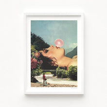 Cargar imagen en el visor de la galería, "Bubble Gum Girl" artwork blending surrealism and pop culture. Featuring a serene girl blowing a pink bubble against a tranquil natural background, this whimsical piece is ideal for modern art enthusiasts and collectors. Captures the playful essence of contemporary creativity set amongst a serene nature landscape photography