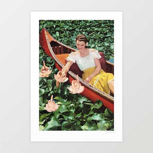 Cargar imagen en el visor de la galería, Fingers for Lily’ by Vertigo Artography - Surreal artwork featuring a woman in a canoe amidst a sea of lilies, with lilies replaced by hands making a provocative gesture. Perfect for modern interiors and art collectors seeking unique and thought-provoking pieces. Add a conversation-starting piece to your collection today and experience the charm of Vertigo Artography. Purchase ‘Fingers for Lily’ for a truly unique addition to your home.