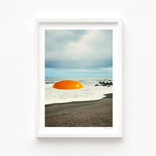 Charger l'image dans la galerie, Whimsical surreal artwork titled Beach Egg showing a sunny egg yolk placed on a beach with ocean waves and rocky coastline, creating a bold dreamlike collage. Ideal wall decor for modern kitchens, quirky cafes, or beach-themed living spaces. Perfect gift for food lovers, surreal art enthusiasts, and coastal art collectors looking for unique posters that combine humor, nature, and imaginative storytelling in their home or business interiors