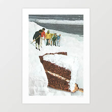 Load image into Gallery viewer, A surreal retro artwork titled “Glacier Calving Cake” shows climbers on a snowy glacier discovering a giant slice of chocolate cake with white frosting. This kitsch kitchen wall art is perfect for bakery decor, quirky cafe interiors, or dessert lovers seeking whimsical posters. With its playful mashup of nature and food, it blends retro nostalgia with surreal design, making it a unique home decor choice and a great gift for cake lovers, bakers, or fans of imaginative wall art.