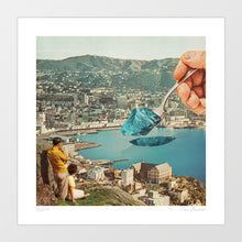 Load image into Gallery viewer, Surreal retro collage showing a hand dropping blue jelly into a city bay with a spoon — whimsical jello art print perfect for fans of kitsch, humor, and surrealism.