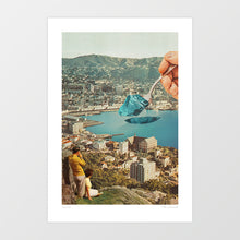 Load image into Gallery viewer, Surreal retro collage showing a hand dropping blue jelly into a city bay with a spoon — whimsical jello art print perfect for fans of kitsch, humor, and surrealism.