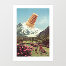 Load image into Gallery viewer, Surreal wall art print showing a vanilla ice cream cone melting over a snow-covered mountain peak with two hikers admiring the view and pink flowers in the foreground.