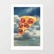 Charger l'image dans la galerie, A surreal pizza slice with open red lips instead of toppings floats in a cloudy sky — bold, surrealist food-inspired art with a pop culture twist.