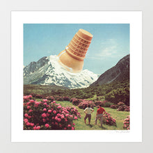 Load image into Gallery viewer, Surreal wall art print showing a vanilla ice cream cone melting over a snow-covered mountain peak with two hikers admiring the view and pink flowers in the foreground.