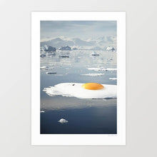 Cargar imagen en el visor de la galería, Surrealist artwork titled "Egg-berg" featuring a sunny-side-up egg on a melting iceberg. This piece by Vertigo Artography combines environmental themes with whimsical imagery, perfect for contemporary art collectors. Explore the fusion of reality and imagination with "Egg-berg," a striking addition to any modern art collection. Buy now to own a piece that sparks conversation and visual delight.