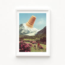 Load image into Gallery viewer, Surreal wall art print showing a vanilla ice cream cone melting over a snow-covered mountain peak with two hikers admiring the view and pink flowers in the foreground.