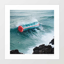 Cargar imagen en el visor de la galería, Curl Power artwork - A striking depiction of a curling ocean wave amongst a coastal setting featuring  a lone surfer. This art print is perfect for modern art enthusiasts and coastal decor. Available in high-quality prints.