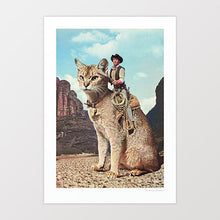 Cargar imagen en el visor de la galería, Cat Lone Ranger artwork featuring a cowboy riding a giant cat through a desert landscape, perfect for quirky and unique home decor, rodeo art and western desert interior design adds a playful touch to any room. Enhance your home decor with this imaginative and humorous print. Shop now for quirky wall art.