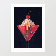 Charger l'image dans la galerie, Digital collage of a pair of legs in cowgirl boots inside a pink margarita glass, topped with crushed ice and a cherry on a cosmic black background. Bar Cart, Coquette and Coastal.