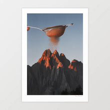 Cargar imagen en el visor de la galería, A surreal art print of a hand-held sieve sprinkling cocoa powder over a mountain range at golden hour, blending culinary and natural elements.
