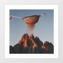 Cargar imagen en el visor de la galería, A surreal art print of a hand-held sieve sprinkling cocoa powder over a mountain range at golden hour, blending culinary and natural elements. Free shipping.