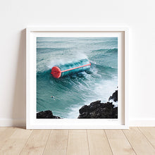 Cargar imagen en el visor de la galería, Curl Power artwork - A striking depiction of a curling ocean wave amongst a coastal setting featuring a lone surfer. This art print is perfect for modern art enthusiasts and coastal decor. Available in high-quality prints.