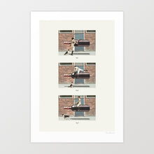 Charger l'image dans la galerie, Vintage-style art print of a man riding a floating wine bottle with a dog looking on – humorous wine and dog lover wall decor