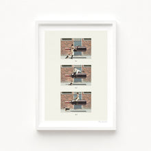 Charger l'image dans la galerie, Vintage-style art print of a man riding a floating wine bottle with a dog looking on – humorous wine and dog lover wall decor