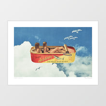 Load image into Gallery viewer, Sardines in the Sky is a surreal food-inspired wall print reimagines a classic sardine tin as a dreamy floating vessel in a sky of clouds and birds. Inside, two bikini-clad models replace the sardines, turning the familiar into fantasy. This retro collage print is perfect for coastal kitchens, seafood restaurants, or modern homes craving playful, imaginative décor that merges mid-century nostalgia, seaside life, and surreal creativity.