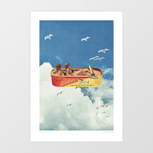 Load image into Gallery viewer, Sardines in the Sky art print showing a vintage sardine can floating in a soft blue sky with clouds and seagulls. Inside the open tin are two black-bikini models, replacing sardines, symbolising surreal humour and retro escapism. Perfect for coastal kitchen décor, pop art collectors, and modern home interiors inspired by surreal food art, mid-century nostalgia, and whimsical seaside culture. Printed on premium matte archival paper with vivid colour tones.