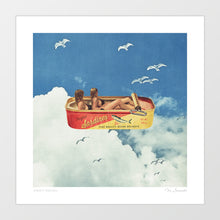 Load image into Gallery viewer, Playful surreal collage “Sardines in the Sky” shows a vintage sardine can hovering in a pastel blue sky, with seagulls circling above and soft clouds drifting by. Inside the opened tin rest two women, replacing the expected fish, creating a whimsical twist on traditional food art. Combining retro charm, humour, and coastal vibes, this artwork adds fun, style, and storytelling to kitchens, cafés, or beach-themed interiors.