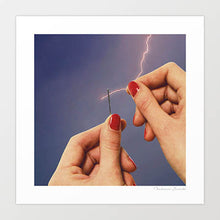 Cargar imagen en el visor de la galería, Elysian Thread artwork featuring a needle and thread struck by lightning, contemporary mixed media art perfect for modern home or office decor. Ideal for art enthusiasts seeking thought-provoking and visually captivating pieces. Shop now and add this elegant and intense artwork to your collection.