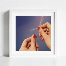 Cargar imagen en el visor de la galería, Elysian Thread artwork featuring a needle and thread struck by lightning, contemporary mixed media art perfect for modern home or office decor. Ideal for art enthusiasts seeking thought-provoking and visually captivating pieces. Shop now and add this elegant and intense artwork to your collection.