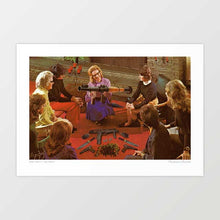 Load image into Gallery viewer, "Aunt Daisy’s Tea Party" by Vertigo Artography - A surrealist artwork depicting a vintage tea party with an array of weaponry, blending domestic charm with a rebellious twist. Ideal for collectors of unique and thought-provoking art.