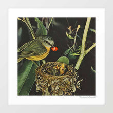 Cargar imagen en el visor de la galería, Birdie Likes" artwork features a bird feeding chicks with a social media 'like' icon. This whimsical piece blends nature's beauty with modern digital culture. Perfect for bird lovers and art enthusiasts, it adds charm and humor to any decor.