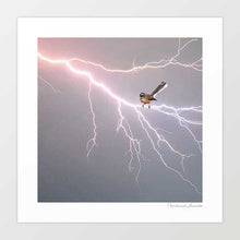 Cargar imagen en el visor de la galería, Fantail on a Lightning Bolt artwork featuring a fantail bird navigating a powerful lightning bolt, perfect for contemporary home decor and nature-inspired art collections. Take home this native New Zealand bird art print to add to your wall art collection