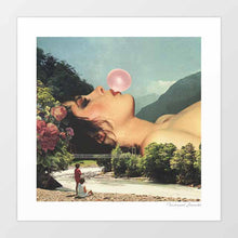 Cargar imagen en el visor de la galería, "Bubble Gum Girl" artwork blending surrealism and pop culture. Featuring a serene girl blowing a pink bubble against a tranquil natural background, this whimsical piece is ideal for modern art enthusiasts and collectors. Captures the playful essence of contemporary creativity set amongst a serene nature landscape photography