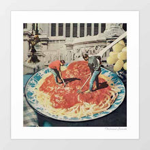 Load image into Gallery viewer, Surreal artwork titled "Diggin - Men At Work" featuring miniature men working on a plate of spaghetti. Ideal for contemporary art collectors and enthusiasts, this piece combines creativity, imagination, and unique perspectives on everyday scenes. Captures the Trevi Fountain in Rome