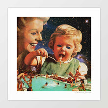 Charger l'image dans la galerie, "Eat Up" by Vertigo Artography - Surreal artwork featuring a vintage-style mother and child in a cosmic setting. The child is depicted eating miniature people by a pool, blending everyday scenes with fantastical elements. Perfect for contemporary art collectors and lovers of unique, whimsical art pieces.