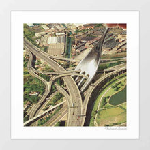 Cargar imagen en el visor de la galería, “Spaghetti Junction” is a surreal pop art print that turns a massive highway system into a playful pasta dish, complete with a giant fork twirling roads like strands of spaghetti. Perfect wall art for food lovers, pasta enthusiasts, and those searching for Italian kitchen décor, quirky restaurant posters, or transport-themed art. A trippy collage design blending humor, architecture, and retro vibes for gallery walls, cafés, and funky dining room interiors.