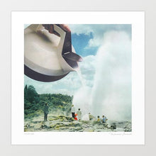 Load image into Gallery viewer, Retro vapor art poster “Steam Funk” featuring a powerful jet of steam or vapor shooting upward into sky space, rendered with mid-century color blocking and travel poster styling. The steam transitions into cloud forms over a stylised horizon, creating a surreal and moody scene. Perfect for fans of vintage travel posters, industrial art, steampunk interiors, and dramatic wall décor in living rooms, lofts, cafés, or creative studio walls.