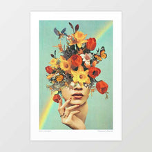 Charger l'image dans la galerie, "Baby's in Bloom" artwork by Vertigo Artography featuring a surreal blend of flowerhead art and human form with vibrant flowers, butterflies, and nature-inspired elements.Perfect for contemporary art lovers, this artwork adds a unique touch to any space, celebrating the harmony between humanity and nature. Discover the allure of "Baby's in Bloom" and enhance your collection with this mesmerizing masterpiece.