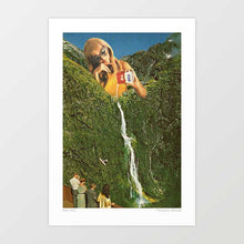 Load image into Gallery viewer, “Milky Falls” is a retro surreal artwork featuring a glamorous vintage woman pouring Carnation milk down a mountainside, transforming the waterfall into a creamy cascade. Inspired by 1960s kitsch poster art, this whimsical print blends nature, nostalgia, and humor in one surreal composition. Perfect wall art for kitchens, cafes, and eclectic interiors, this design appeals to retro lovers, art collectors, and those seeking playful home decor. A unique conversation piece for retro wall art fans.