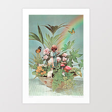 Cargar imagen en el visor de la galería, Surreal psychedelic botanical print “Sanctuary” shows a whimsical fantasy garden in a bowl, filled with lush greenery, mushrooms, florals, butterflies, and a central dreamlike figure, all illuminated by a rainbow arc. This nature-inspired wall art is perfect for daydreamers, plant lovers, and fans of trippy artworks. A unique botanical collage print ideal for modern interiors, bedrooms, meditation corners, or as a standout piece for any wall art and home decor collection.